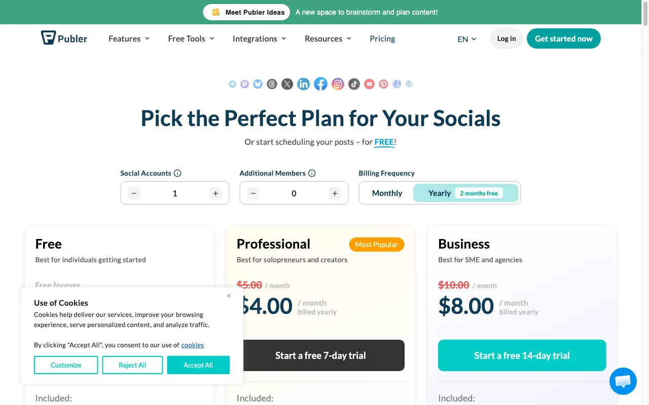 Publer — pricing page