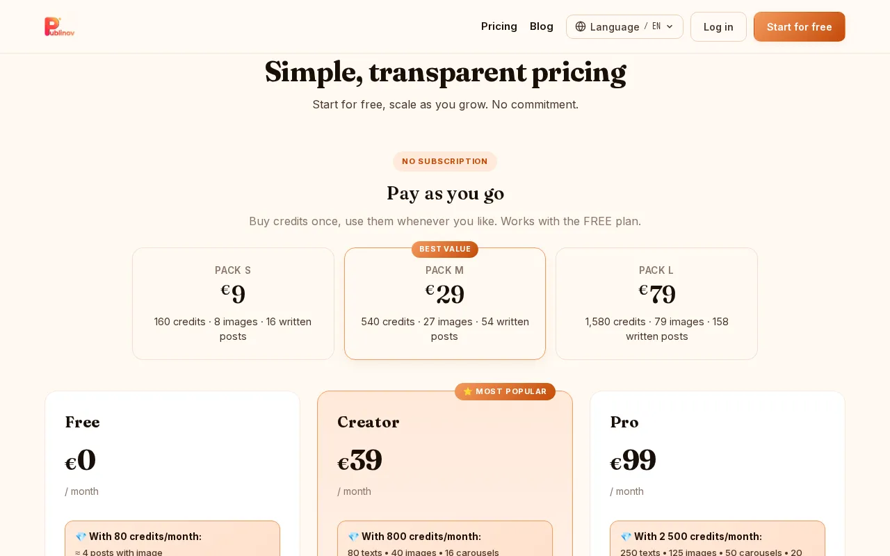Publinov — pricing page