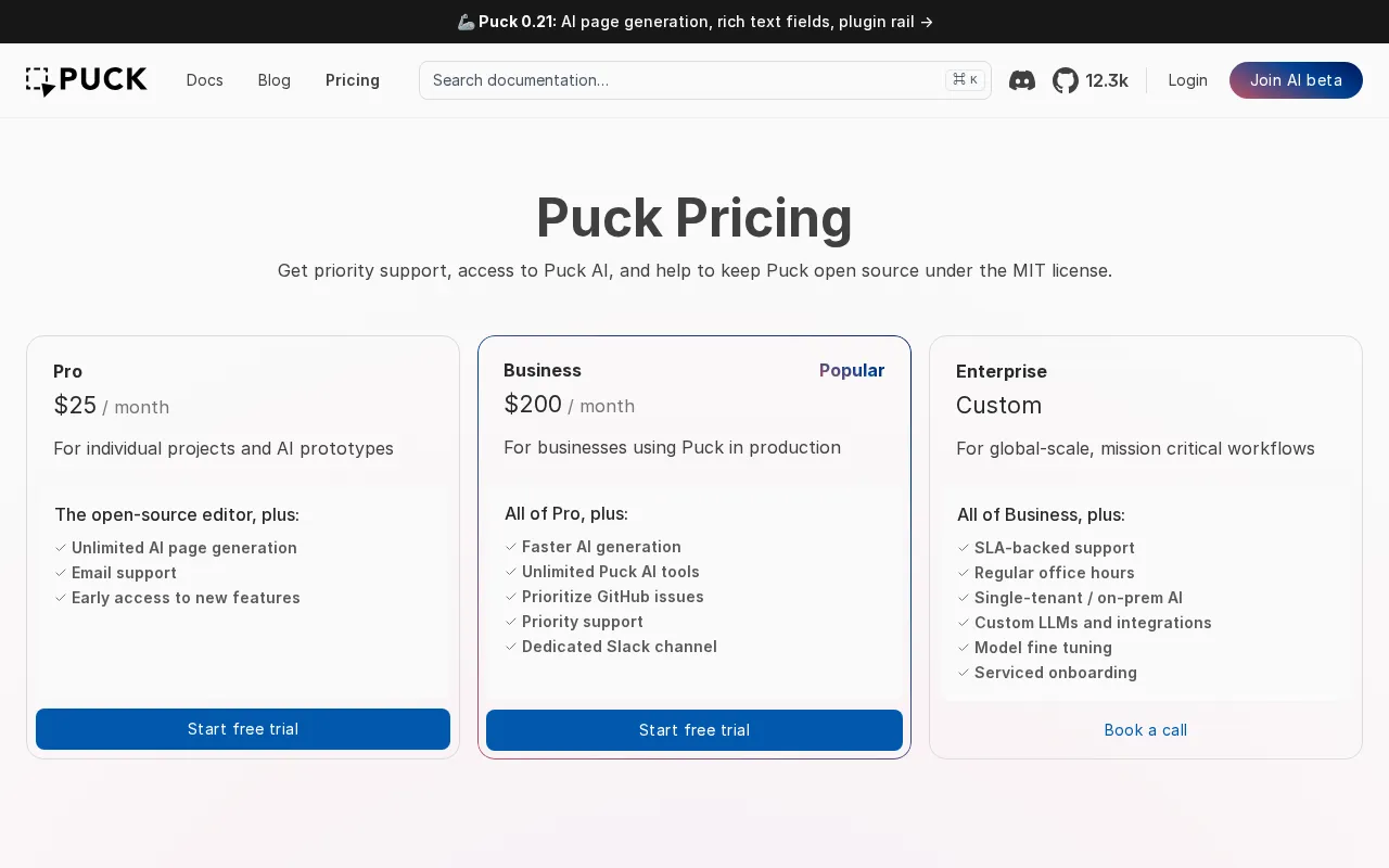 Puck — pricing page