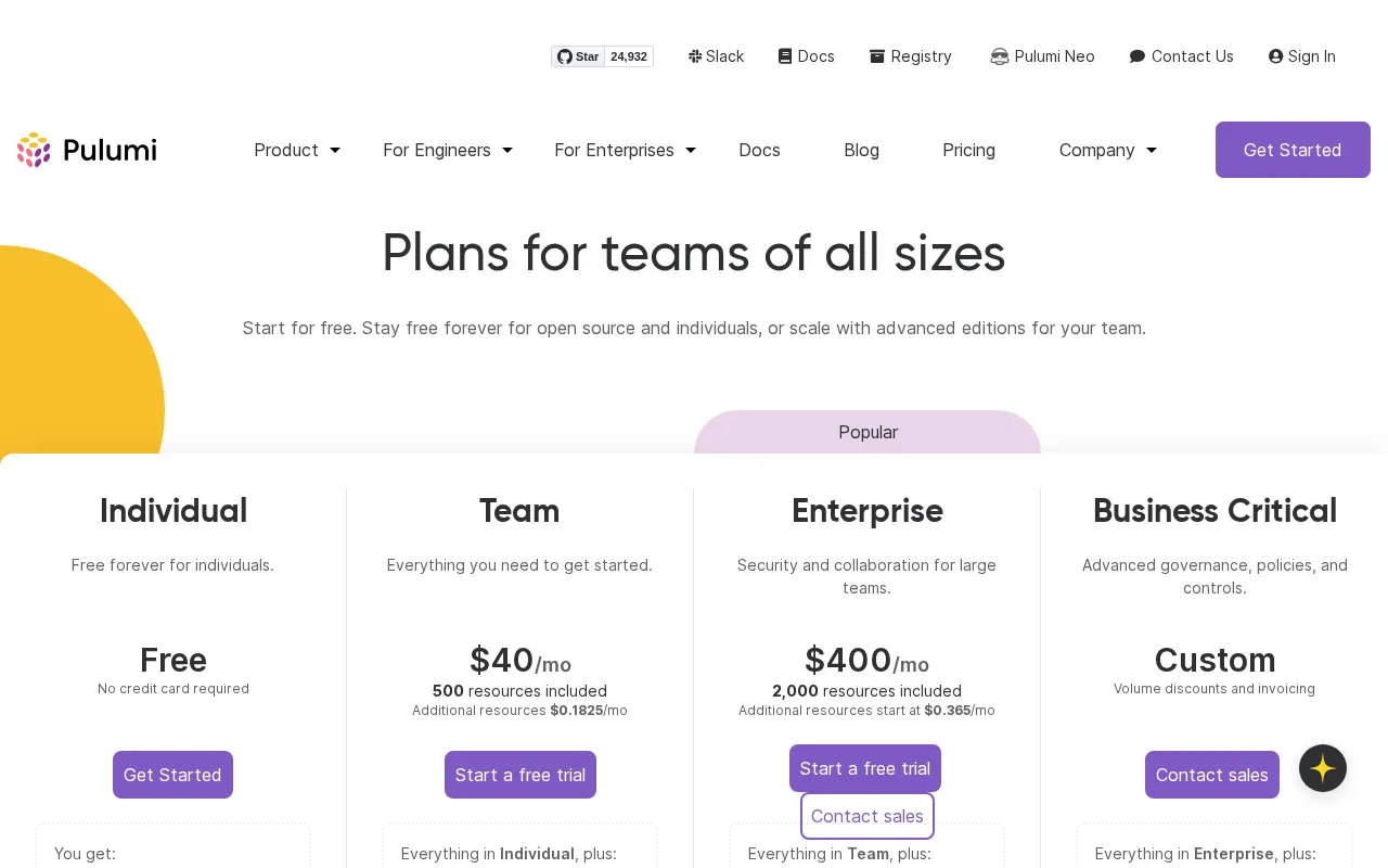 Pulumi — pricing page