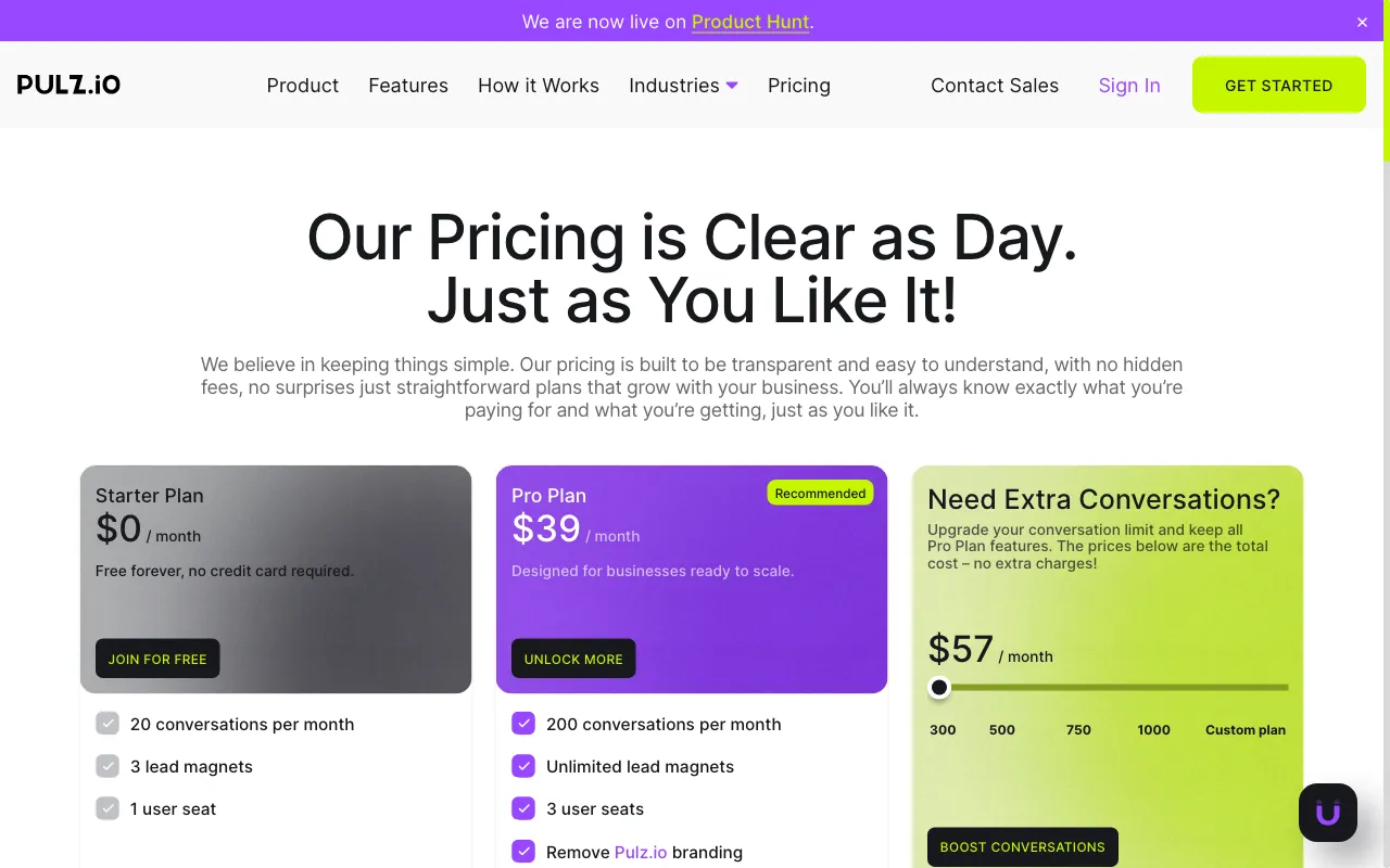 Pulz.io — pricing page