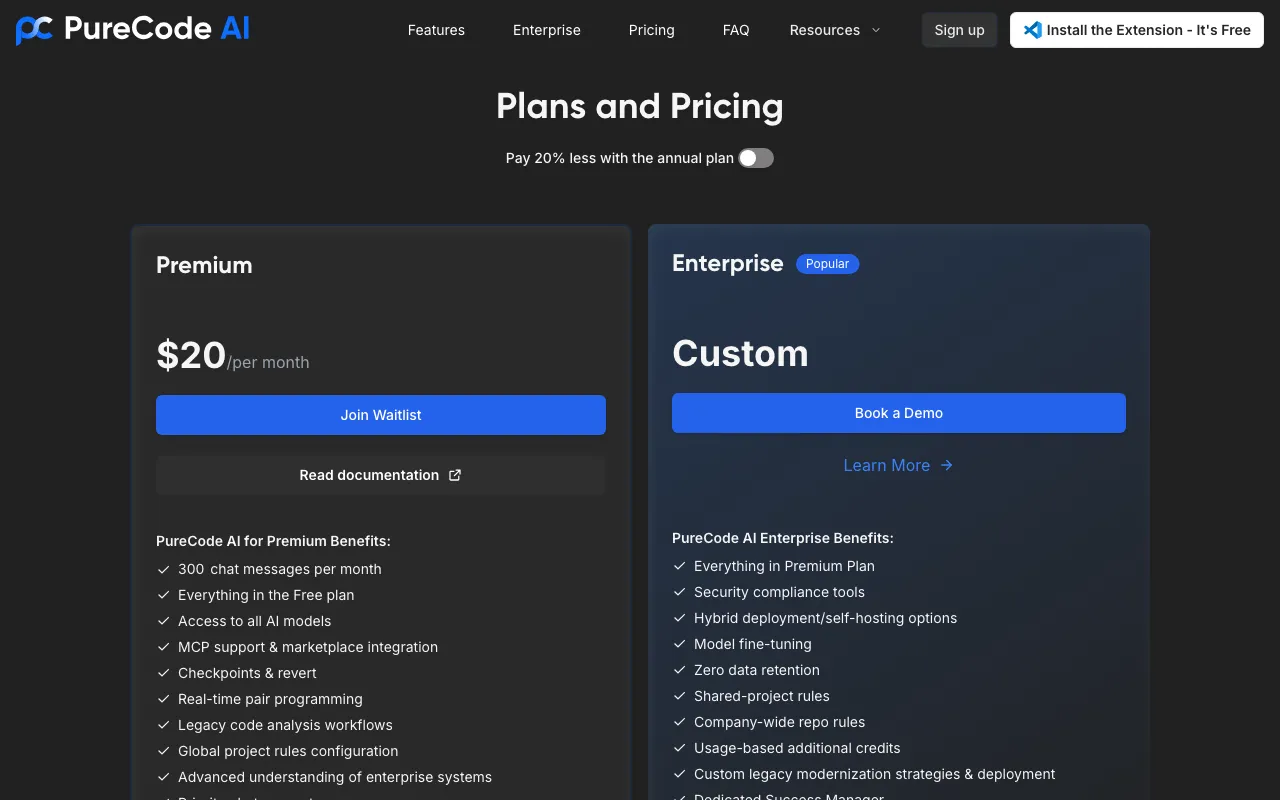 PureCode AI — pricing page