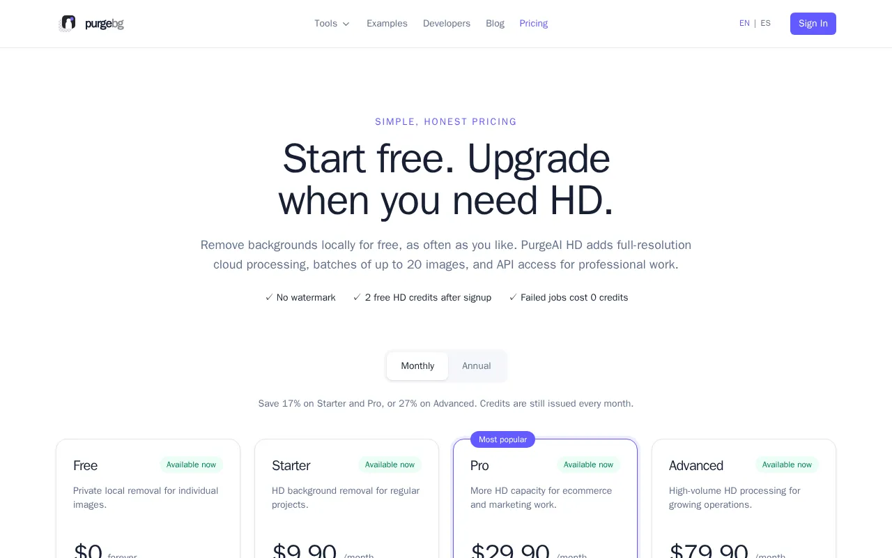 Purgebg — pricing page