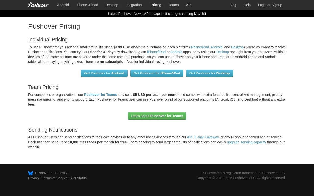 Pushover — pricing page