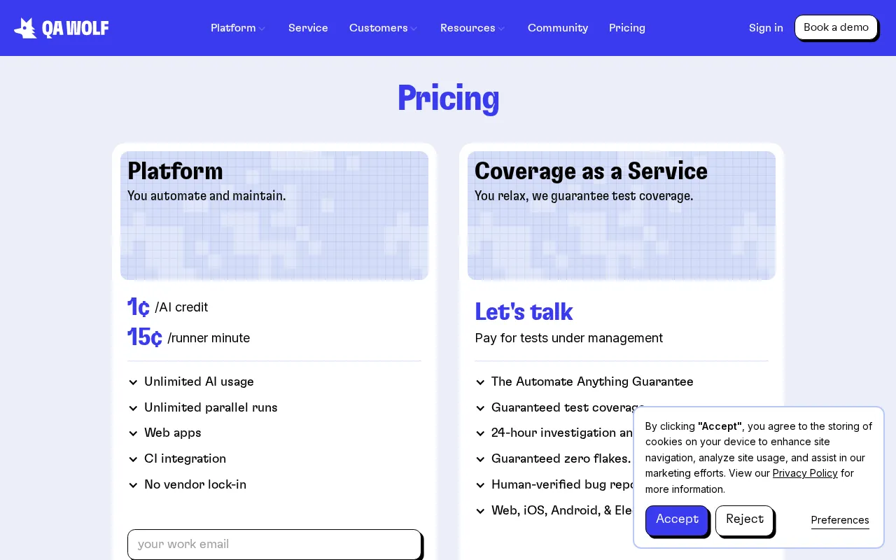 QA Wolf — pricing page