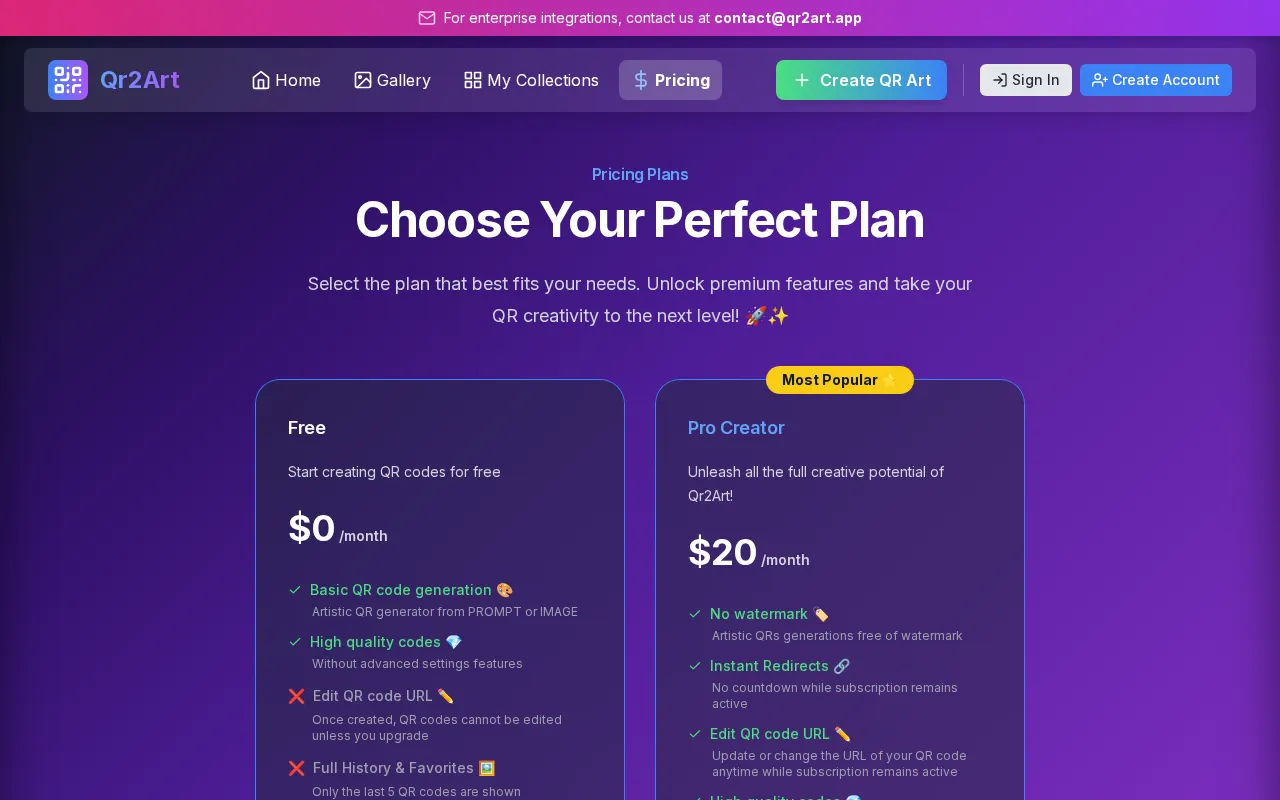 Qr2Art — pricing page