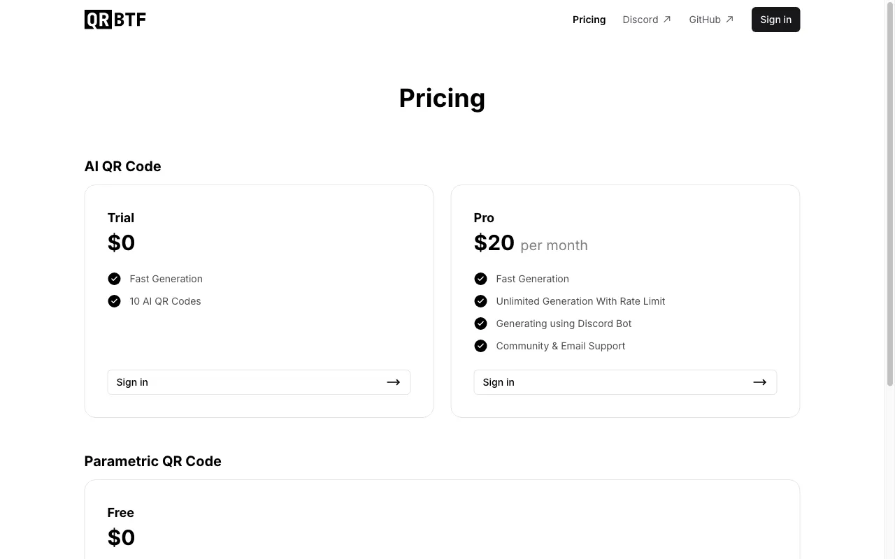QRBTF — pricing page