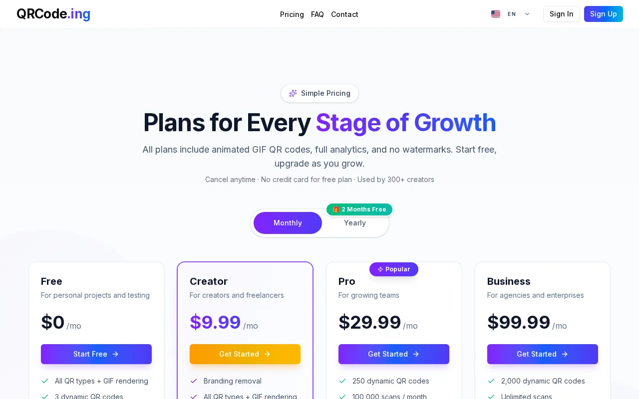 QRCode.ing — pricing page