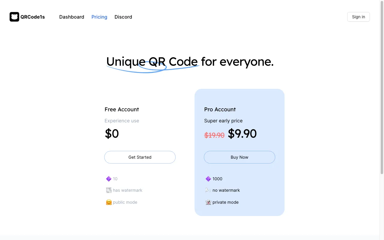 QRCode1s — pricing page
