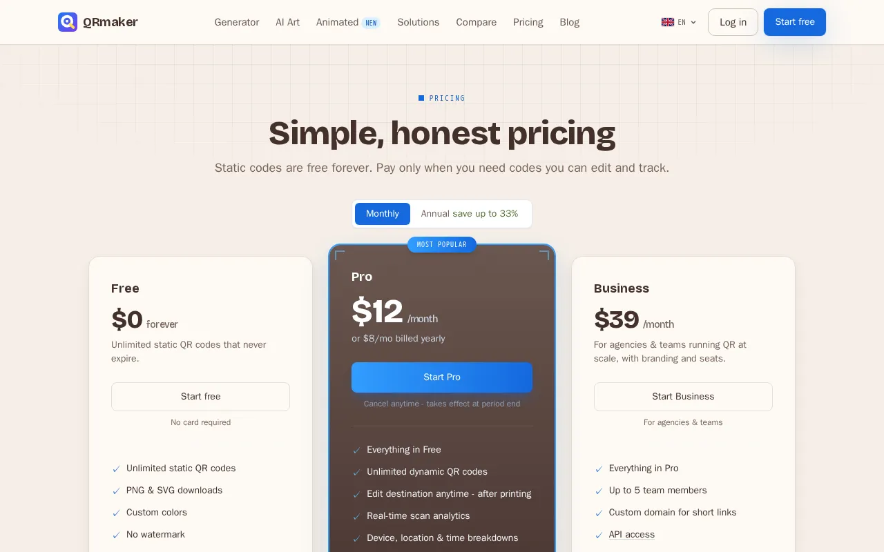 QRmaker — pricing page