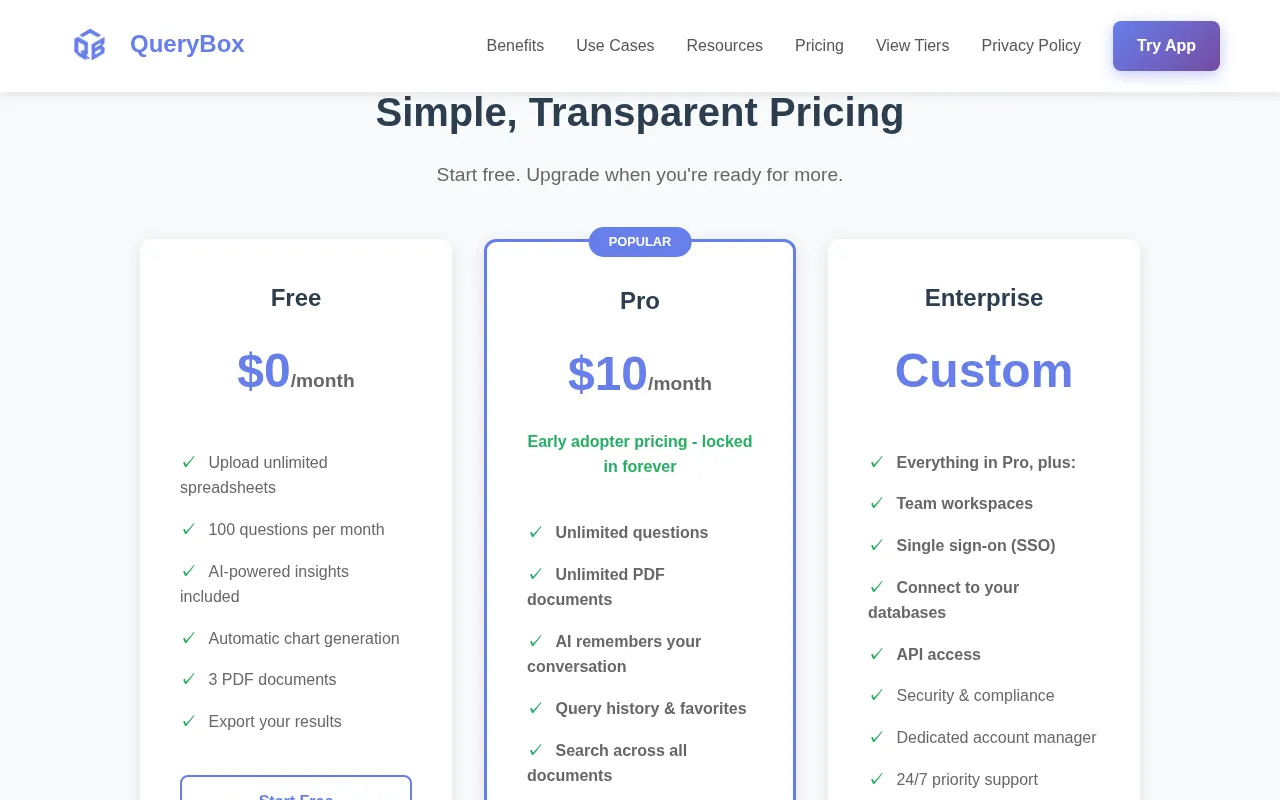 QueryBox — pricing page
