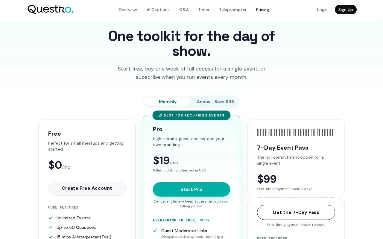 Questro — pricing page