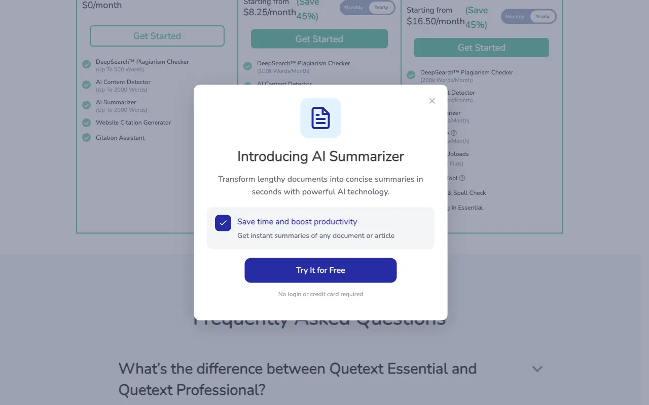 Quetext — pricing page