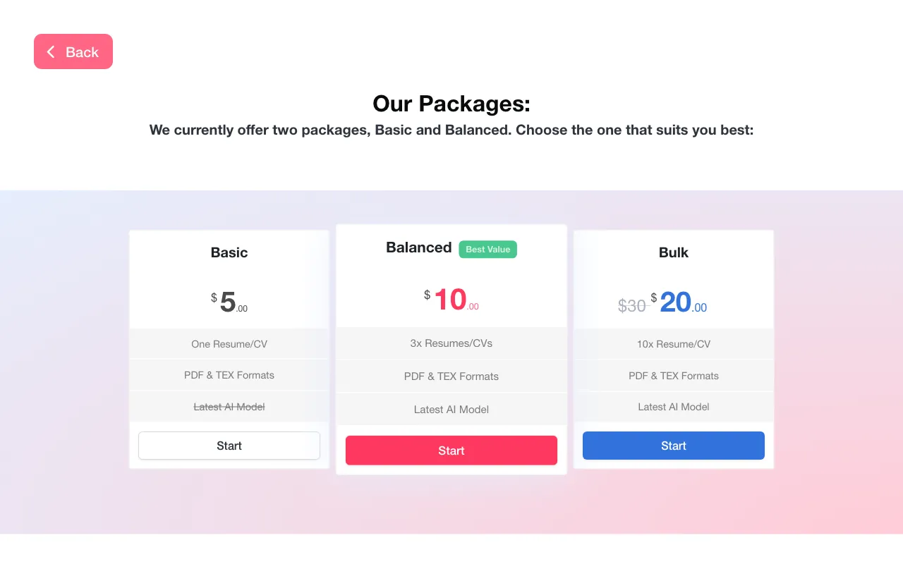 Quick Resume — pricing page
