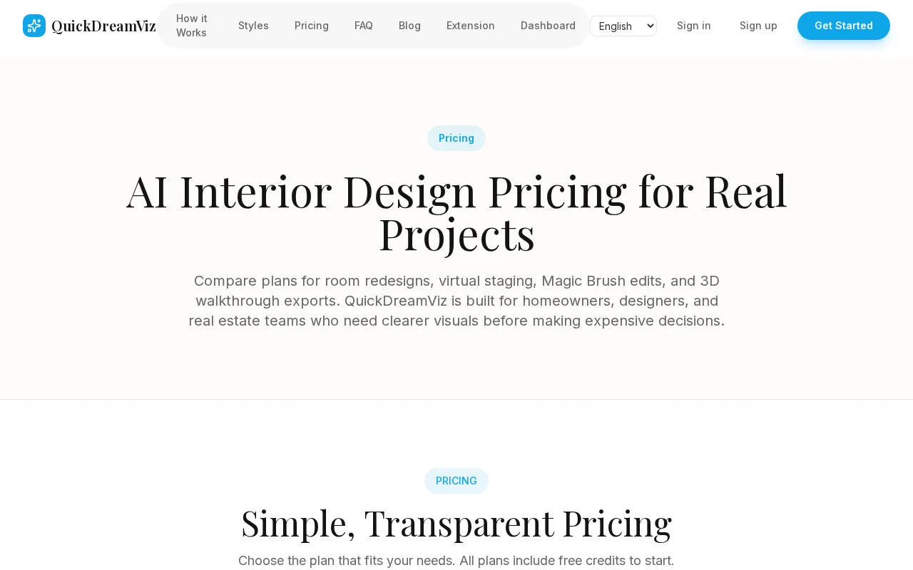 QuickDreamViz — pricing page