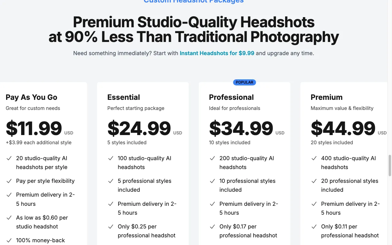 QuickHeadshots — pricing page