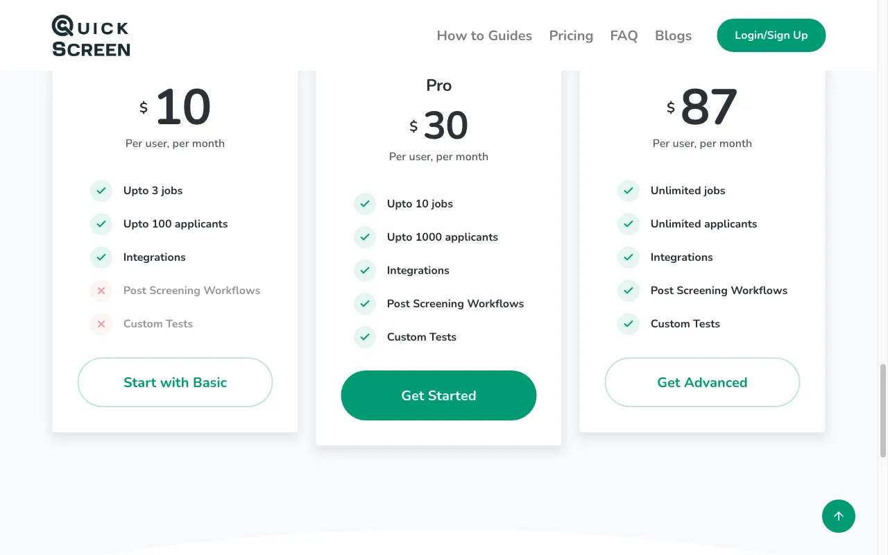 QuickScreen.AI — pricing page