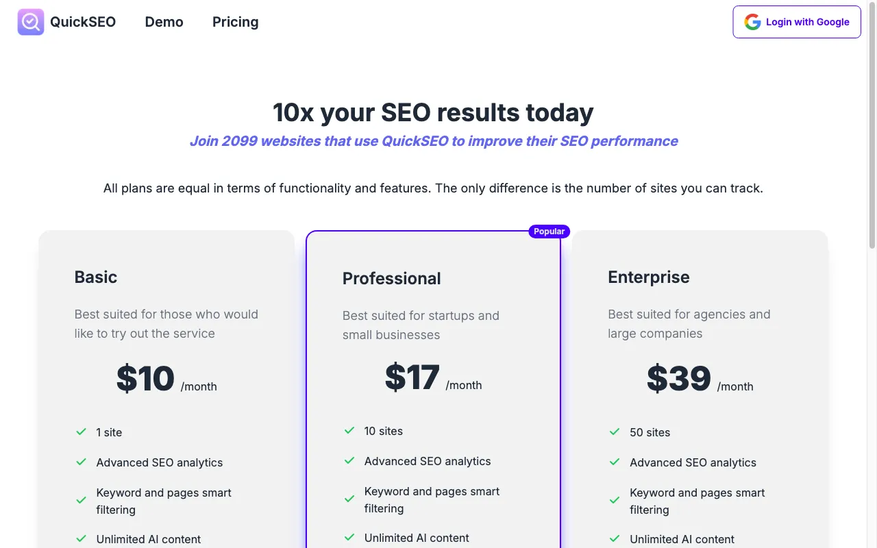 QuickSEO — pricing page
