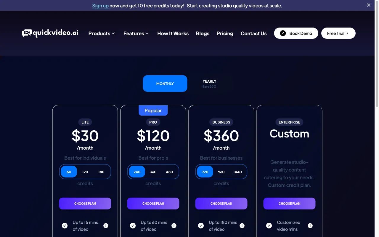 QuickVideo — pricing page