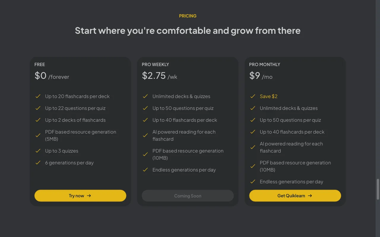 Quiklearn — pricing page
