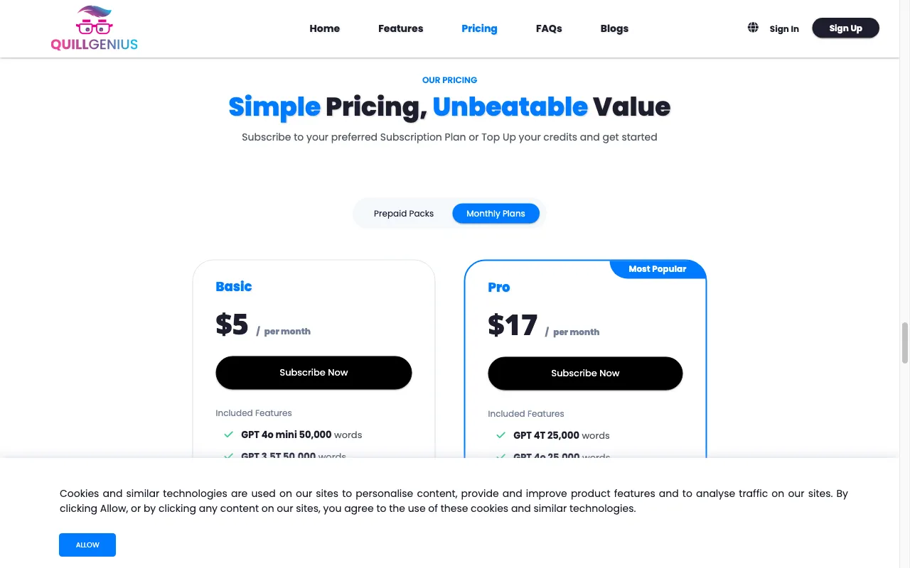 QuillGenius AI Copywriting Tool — pricing page