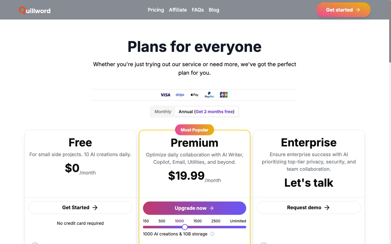 QuillWord — pricing page