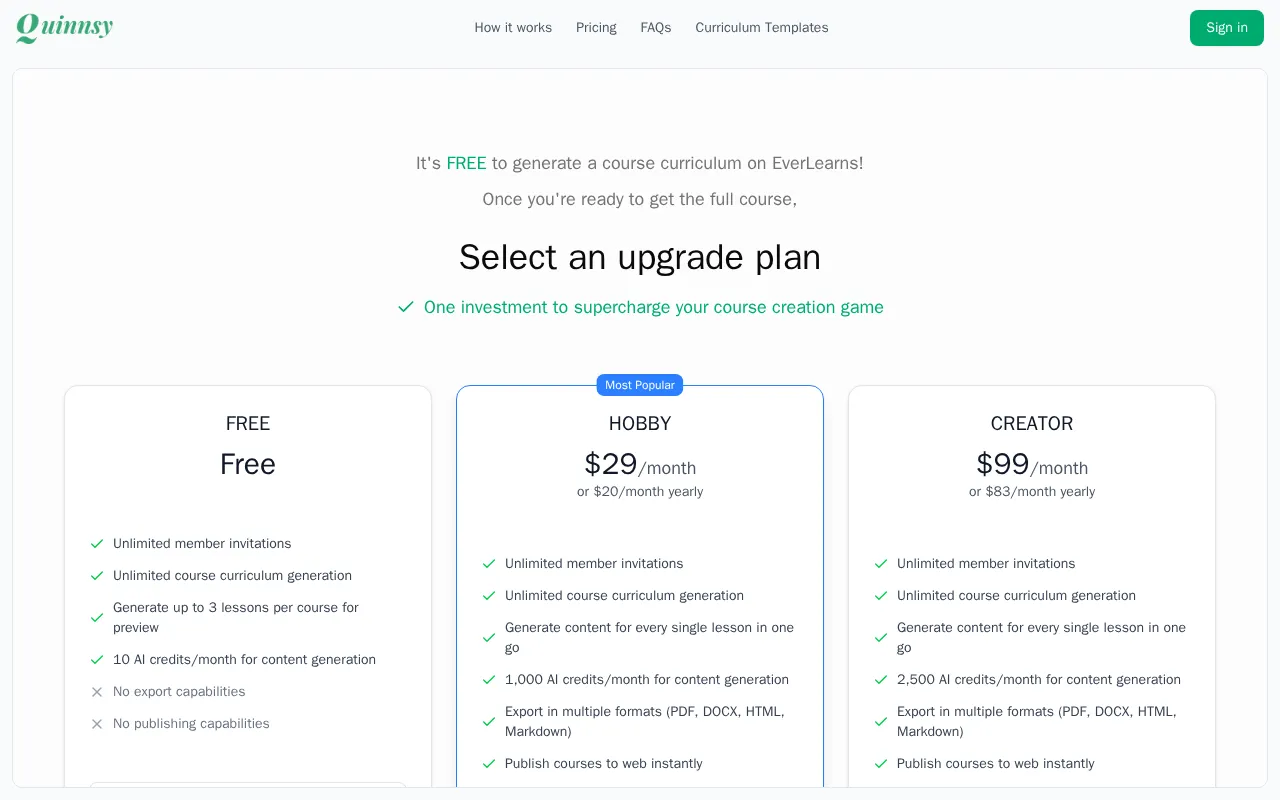 Quinnsy — pricing page