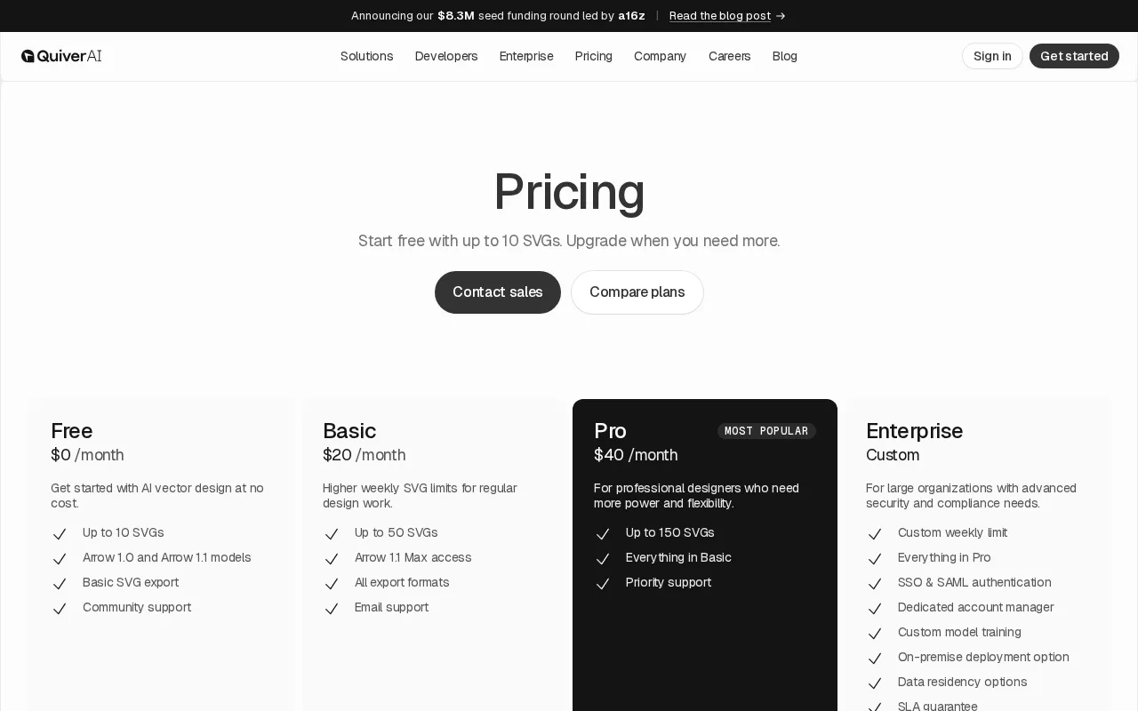 QuiverAI — pricing page
