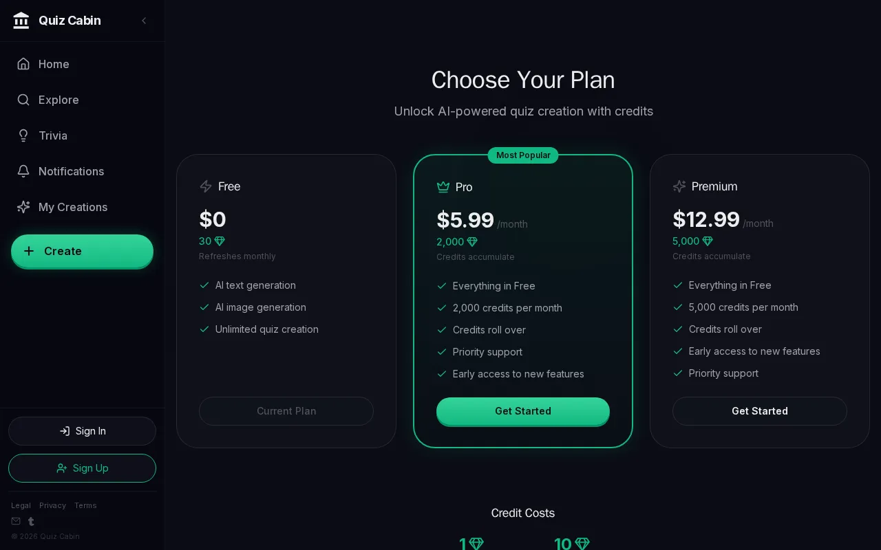 Quiz Cabin — pricing page