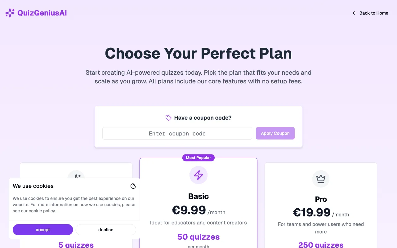 QuizGeniusAI — pricing page