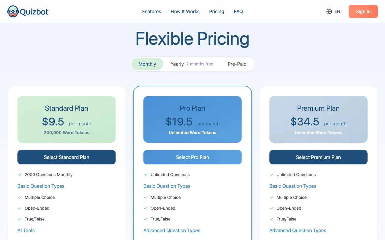 Quizbot.ai — pricing page