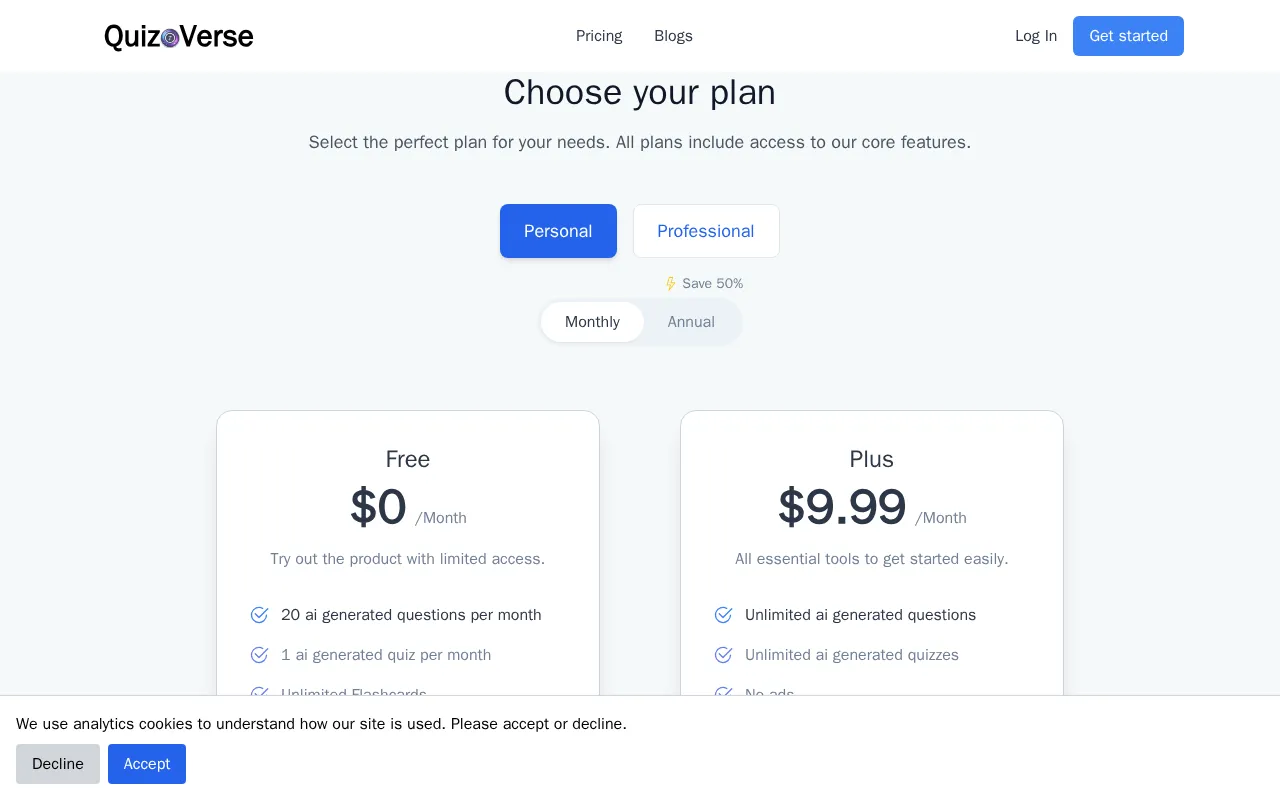 QuizoVerse — pricing page