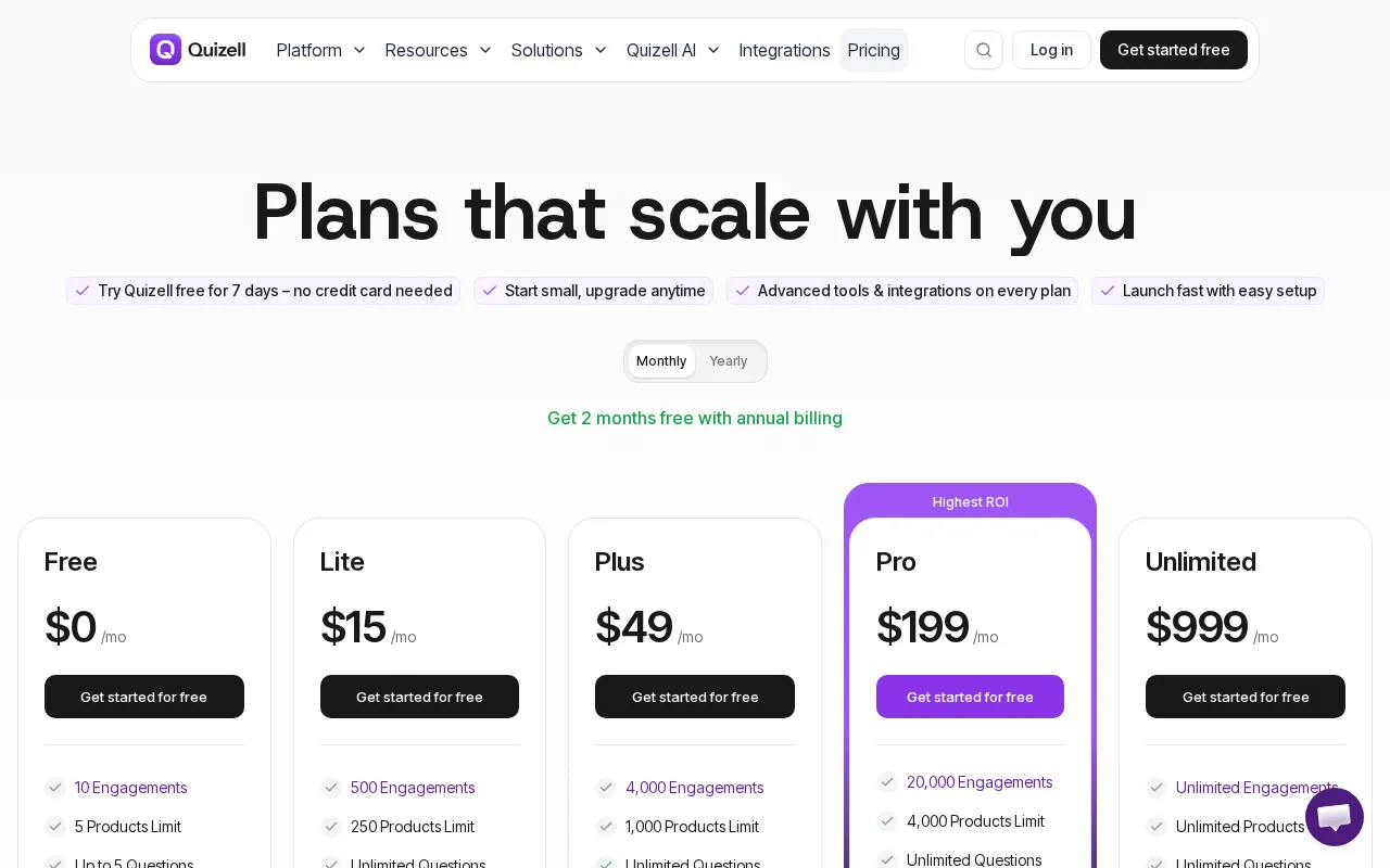 Quizell — pricing page