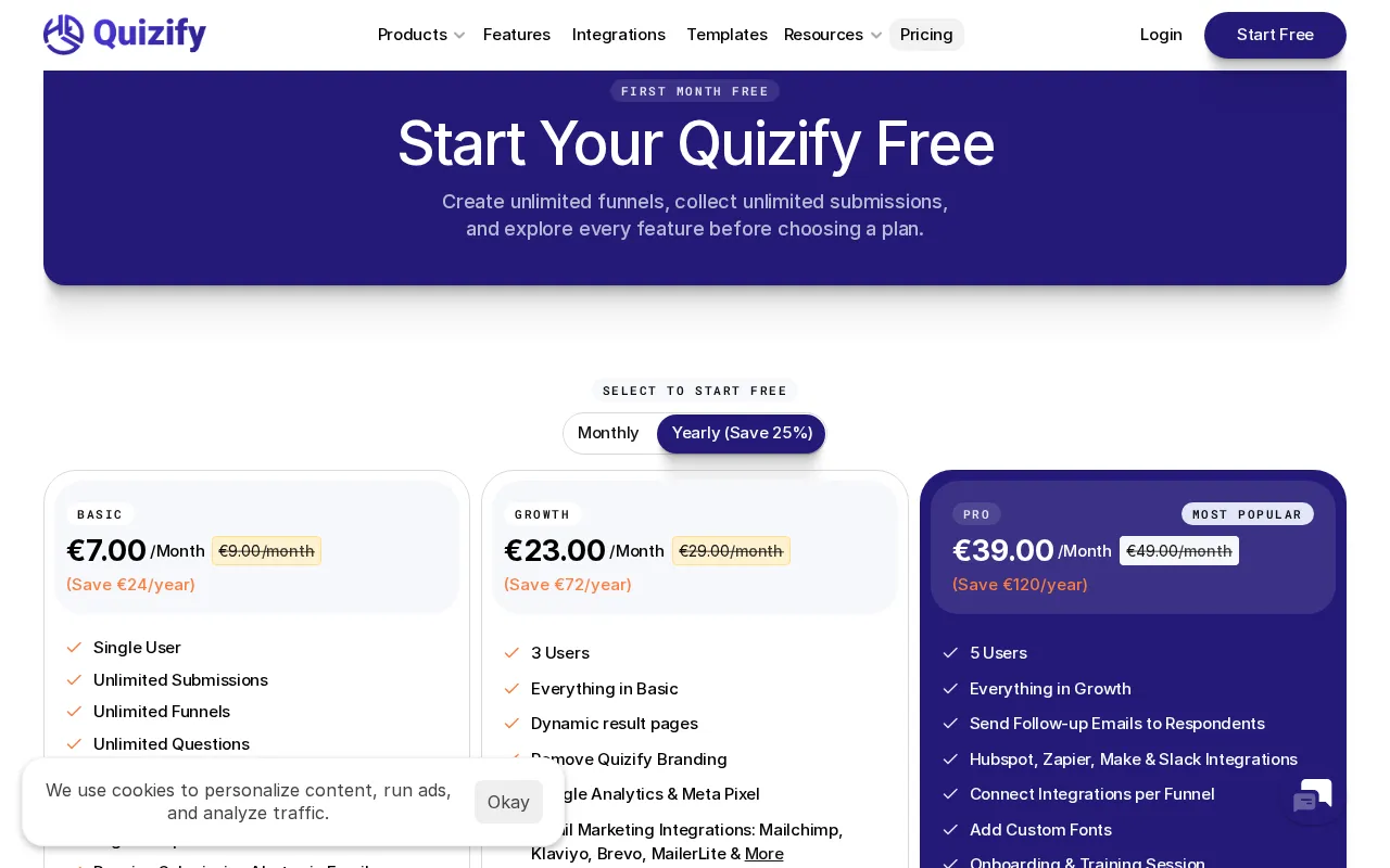 Quizify AI Survey Maker — pricing page