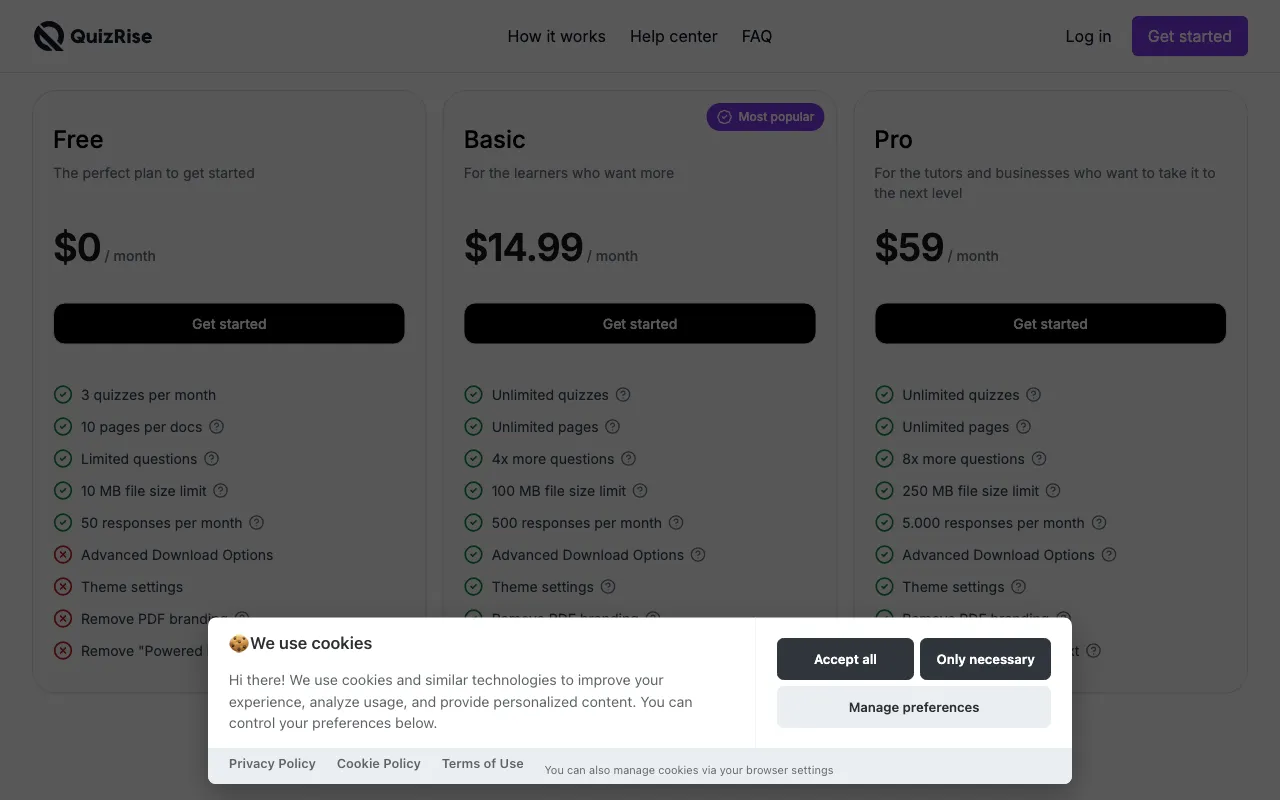 QuizRise — pricing page
