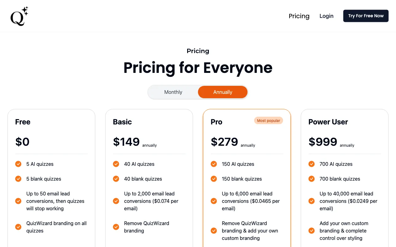 QuizWizard AI — pricing page