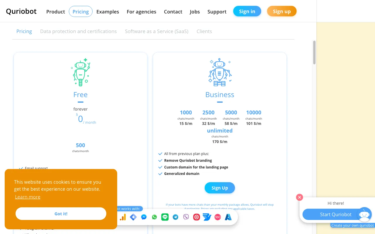 Quriobot — pricing page