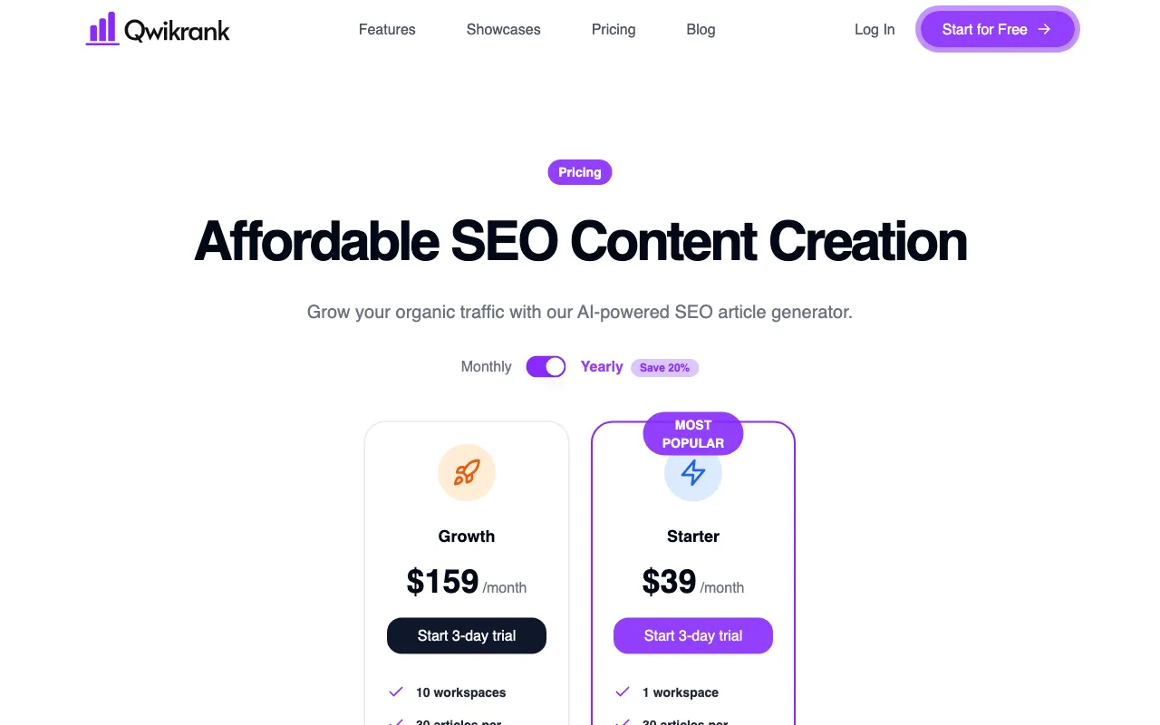 Qwikrank — pricing page