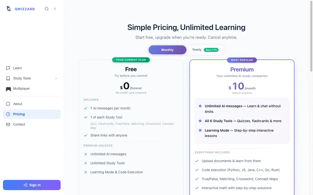 Qwizzard — pricing page