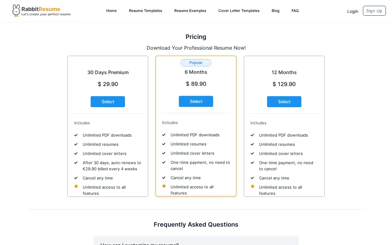 RabbitResume — pricing page