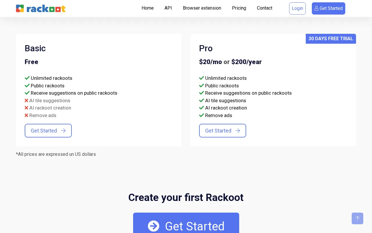 Rackoot — pricing page