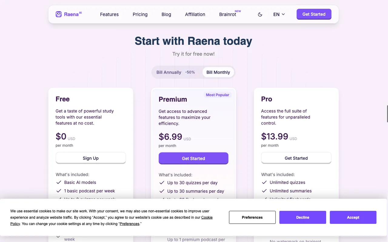 Raena AI — pricing page