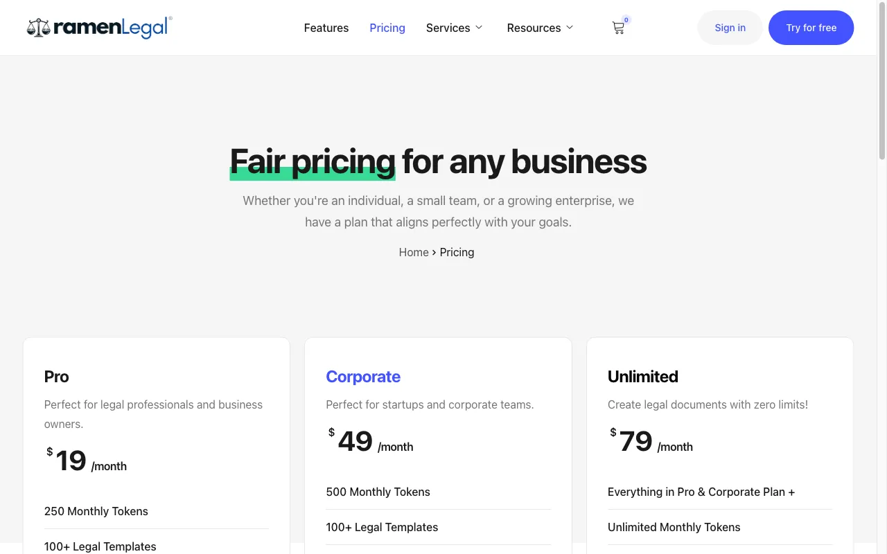 RamenLegal — pricing page