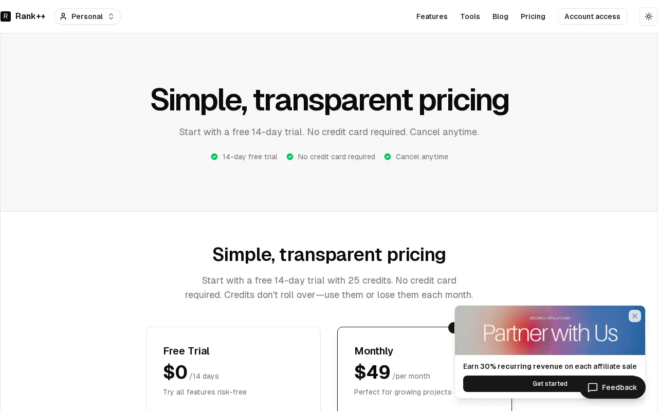 Rank++ — pricing page