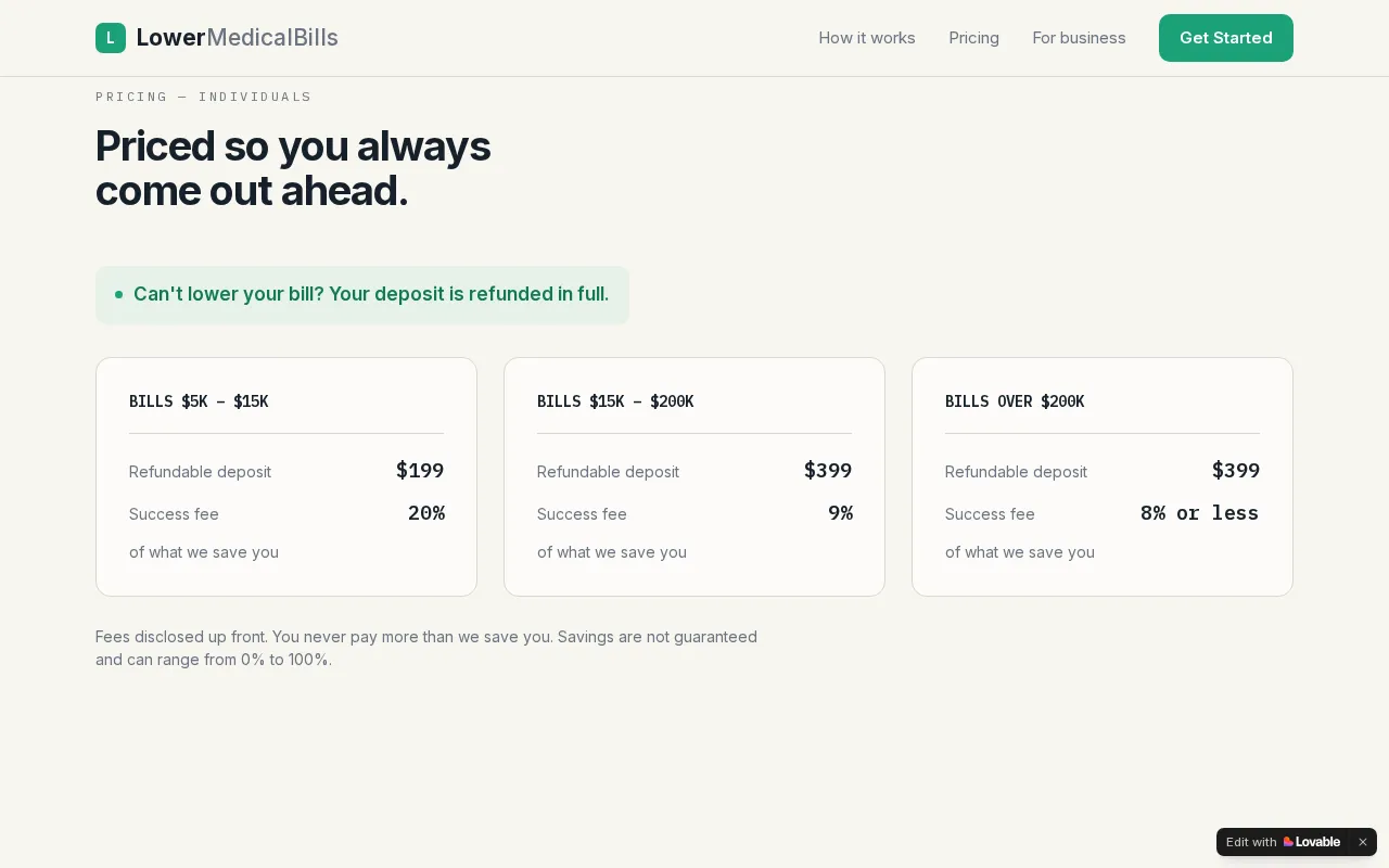 Lower Medical Bills — pricing page