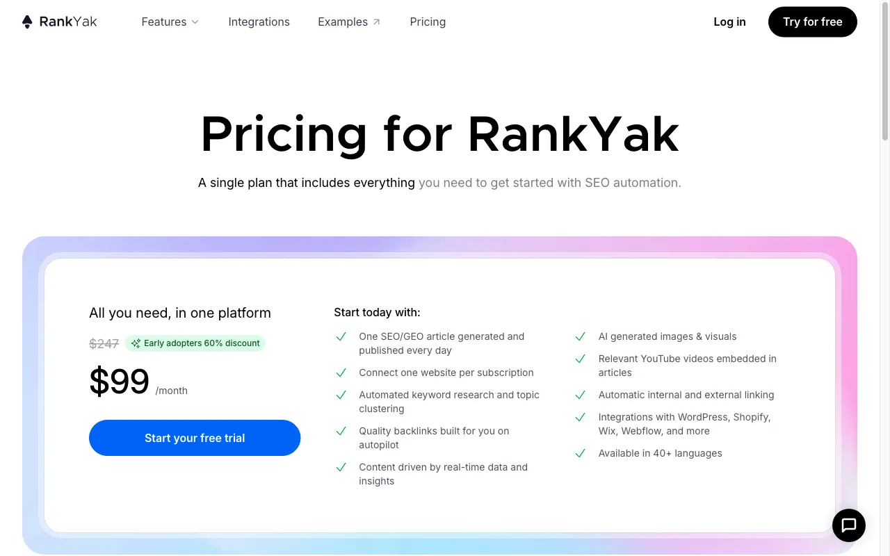 RankYak — pricing page