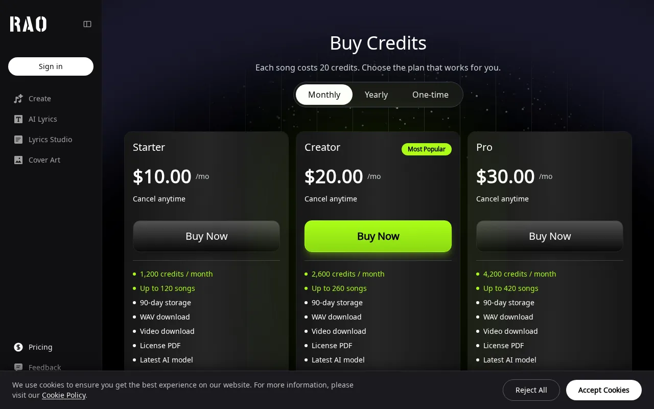 RaoMusic — pricing page