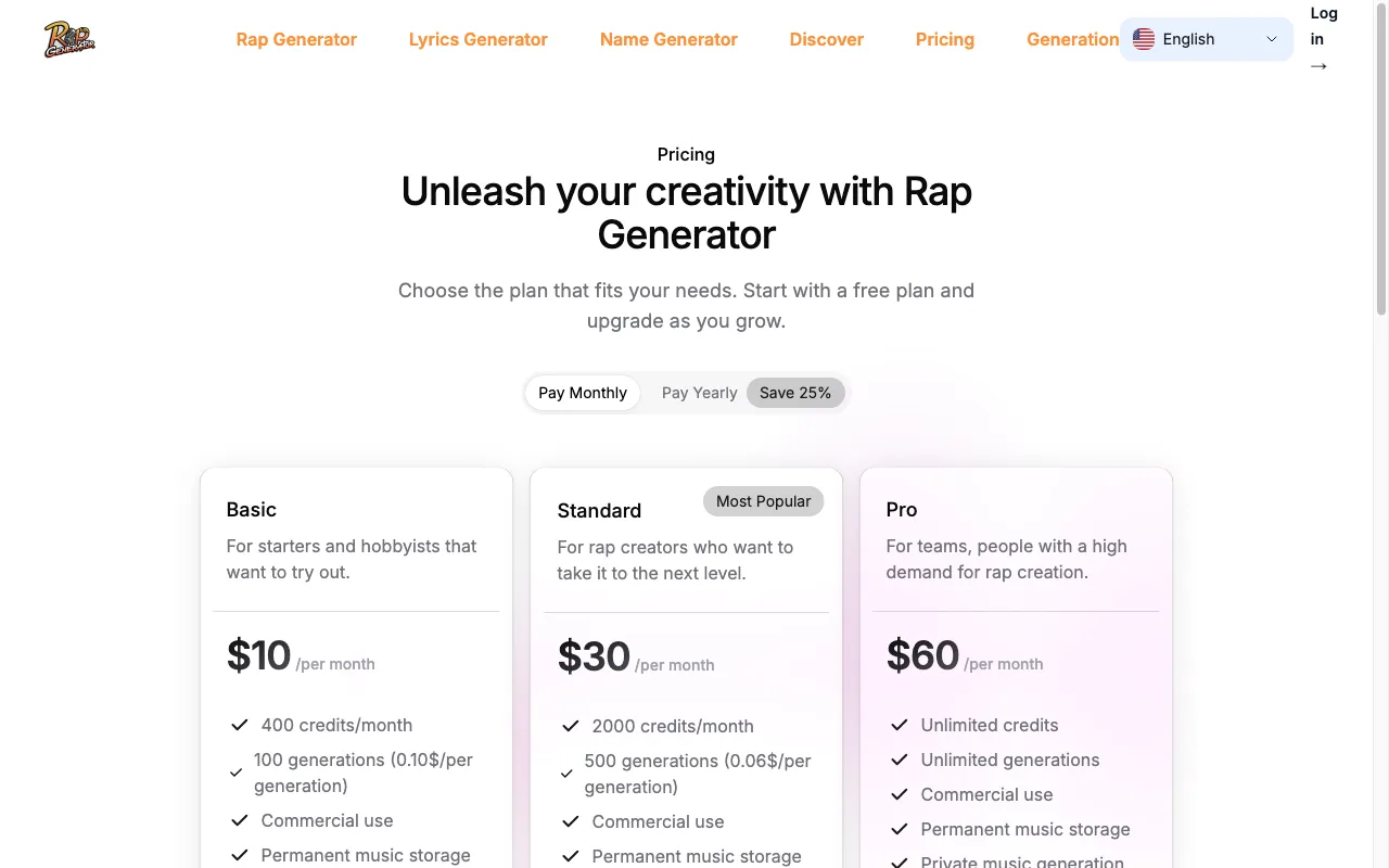 rapgenerator.net — pricing page