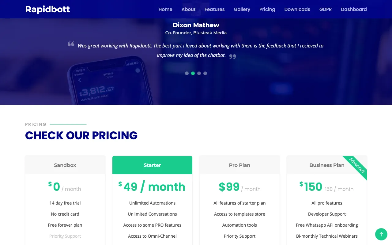 Rapidbott — pricing page