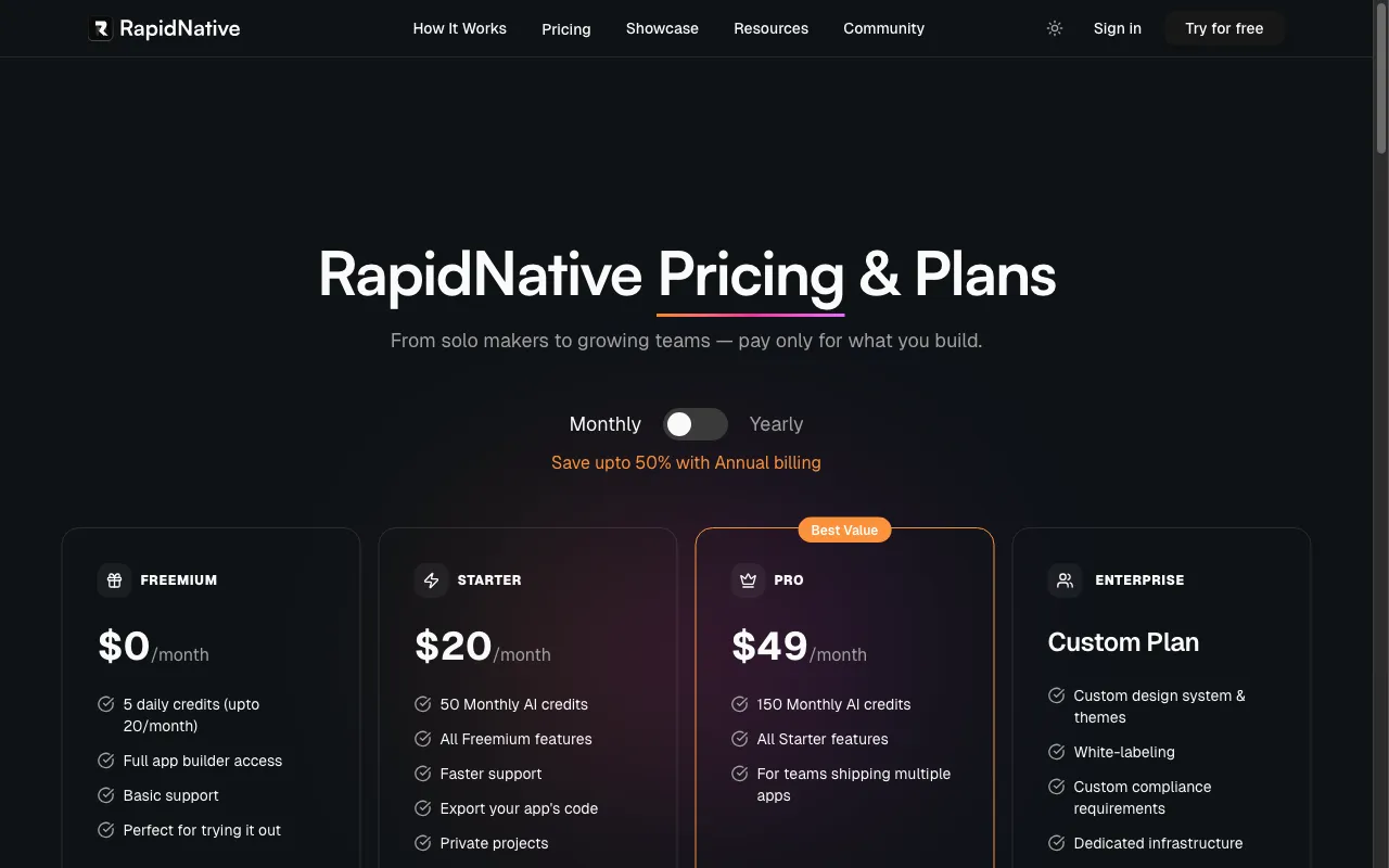 RapidNative — pricing page
